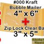 25 pc ea Combo - 3x5 Ziplock Bags, 2 mil + #000 Kraft Bubble