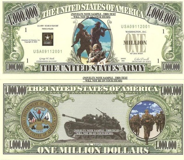 UNITED STATES ARMY SOLDIER TANK MILLION DOLLAR BILLS x 2