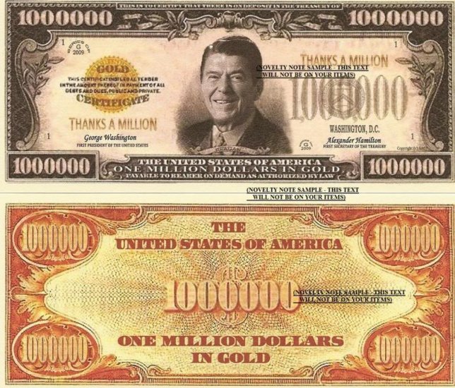RONALD REAGAN ONE MILLION GOLD DOLLAR BILLS x 2