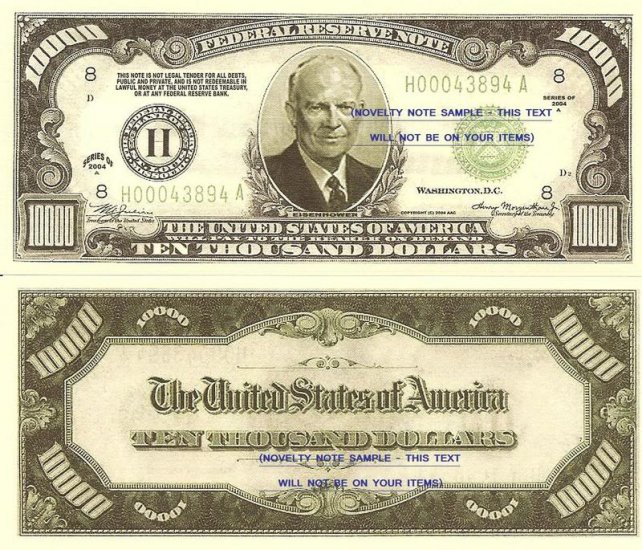 EISENHOWER 34th PRESIDENT USA 10,000 DOLLAR BILLS x 4