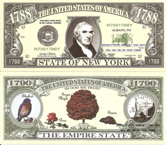 NEW YORK THE EMPIRE STATE 1788 DOLLAR BILLS x 2 NY