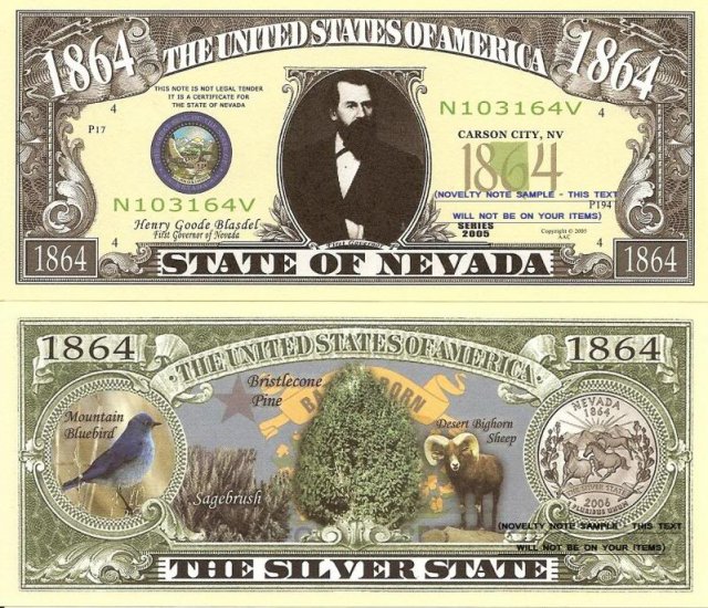 NEVADA THE SILVER STATE 1864 DOLLAR BILLS x 2 NV