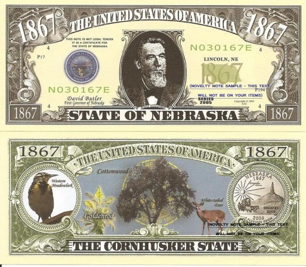 NEBRASKA THE CORNHUSKER STATE 1867 DOLLAR BILLS x 2 NE