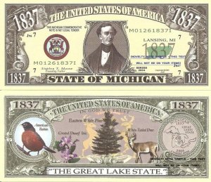 MICHIGAN THE GREAT LAKE STATE 1837 DOLLAR BILLS x 2 MI