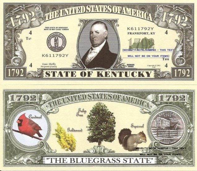 KENTUCKY THE BLUEGRASS STATE 1792 DOLLAR BILLS x 4 KY