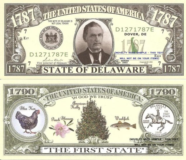 Novelty Dollar Delaware The First State 1787 Dollar Bills X 4 DE