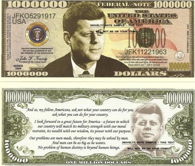 JOHN F KENNEDY COMMEMORATIVE MILLION DOLLAR BILLS x 4