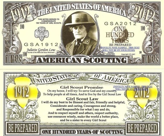JULIETTE GORDON LOW AMERICAN SCOUTING DOLLAR BILLS x 2