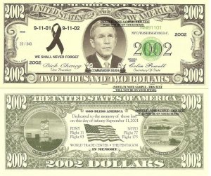 9/11 COMMANDER BUSH 2002 REMEMBRANCE DOLLAR BILLS x 2