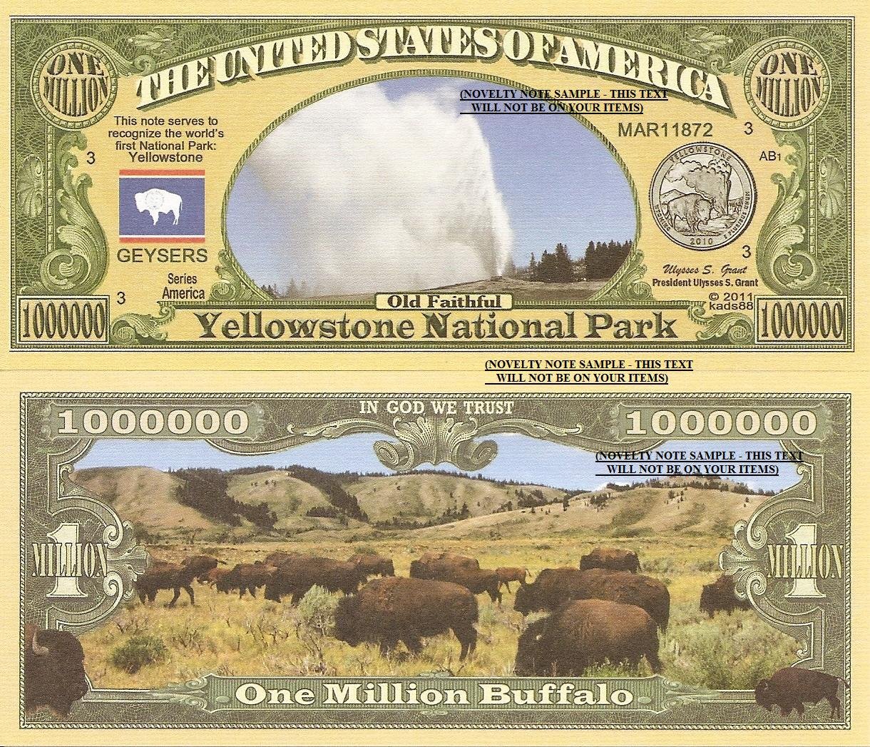 Yellowstone National Park Old Faithful Dollar Bills x 2 Worlds First America