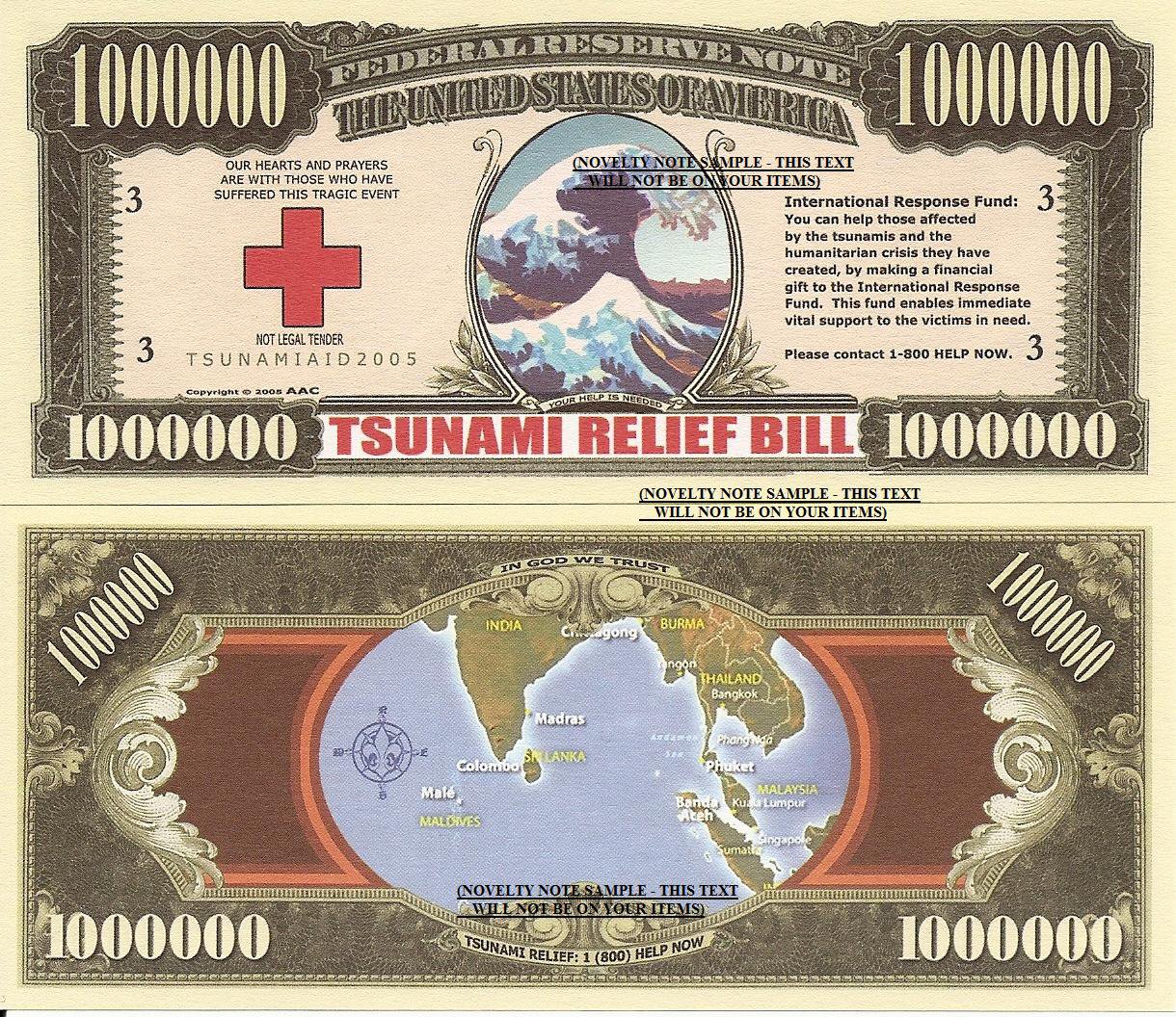 Tsunami Relief 2004/2005 One Million Dollar Bills x 2