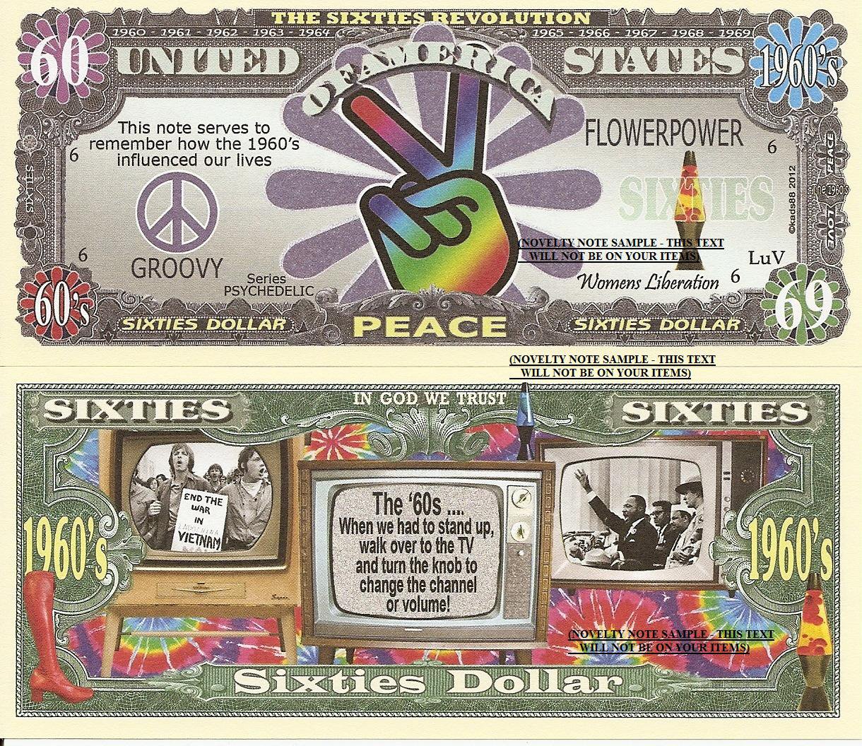1960's Sixties Revolution Peace Flower Power Groovy Psychedelic Dollar Bills x 2