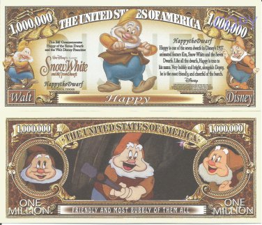 Happy Snow White Seven Dwarfs Commemorative Million Dollar Bills x 2 1937 Film
