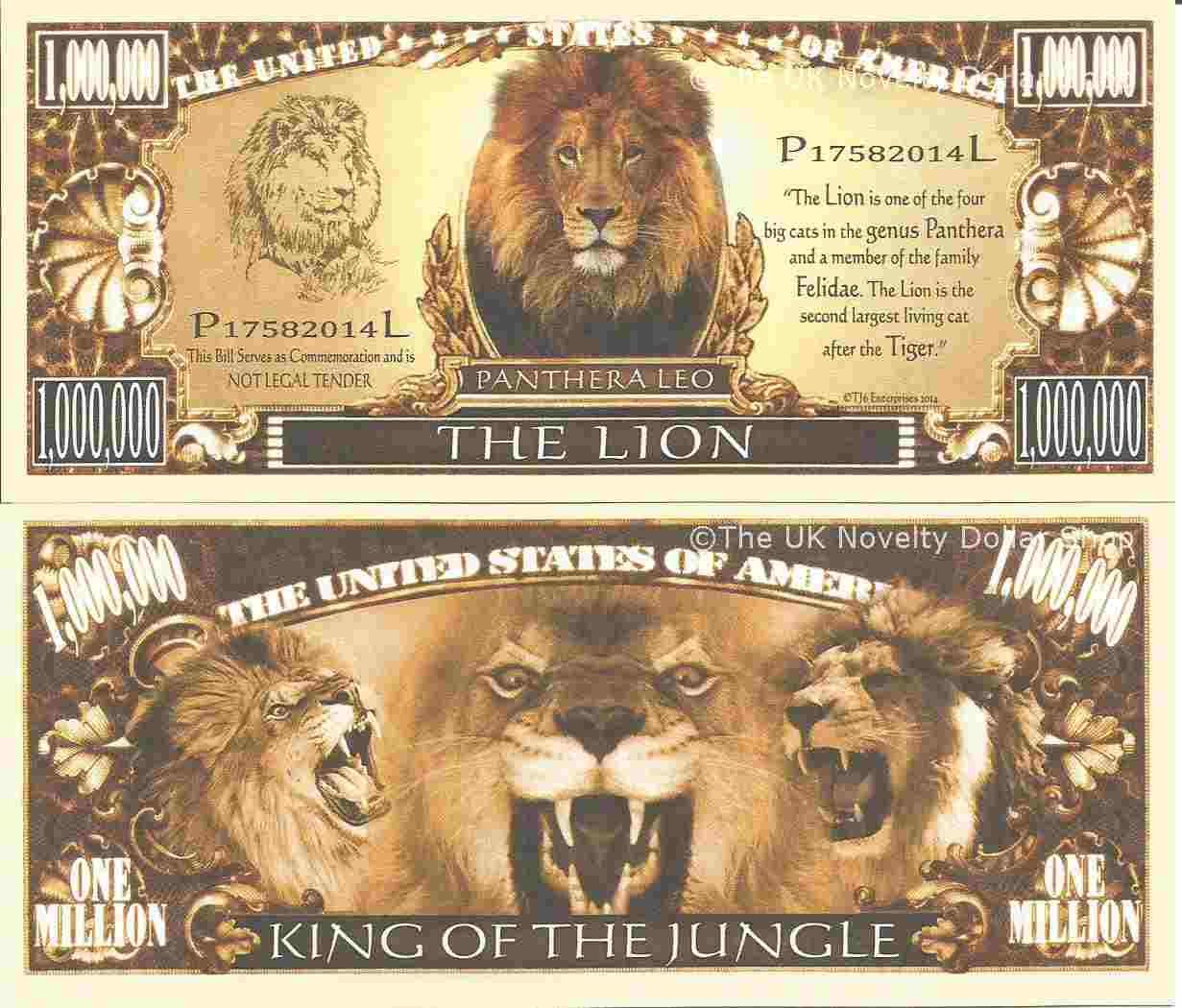 The Lion Panthera Leo Million Dollar Bills x 2 Big Cats Family Felidae Genus