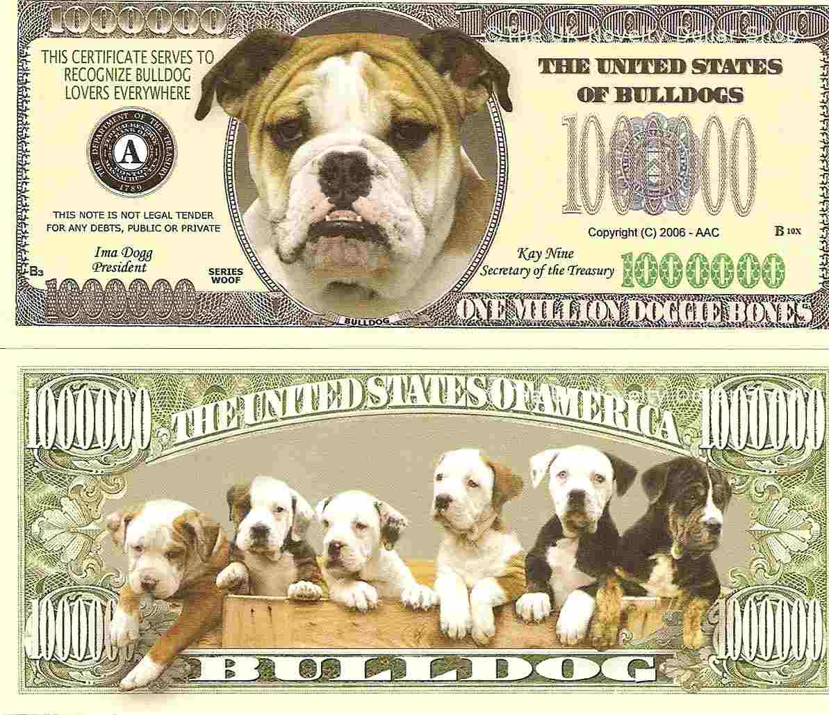 Bulldog Dog Puppy One Million Dollar Bills x 2 New Gift