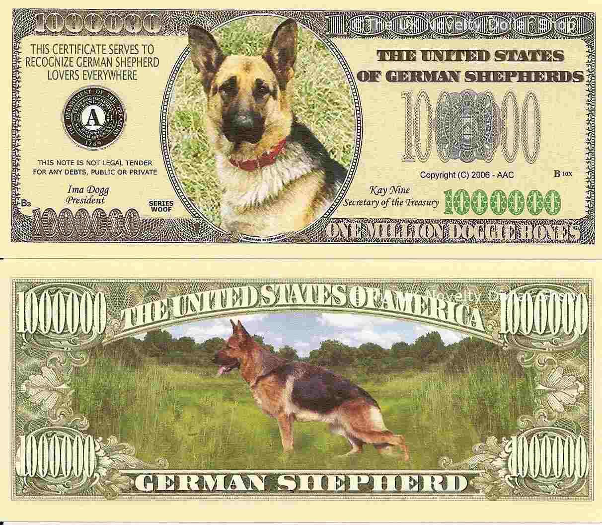 German Shepherd Alsatian Dog Million Dollar Bills x 2