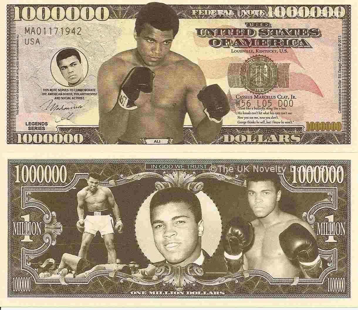 Muhammad Ali Cassius Clay Commemorative Million Dollar Bills x 2 American Boxer