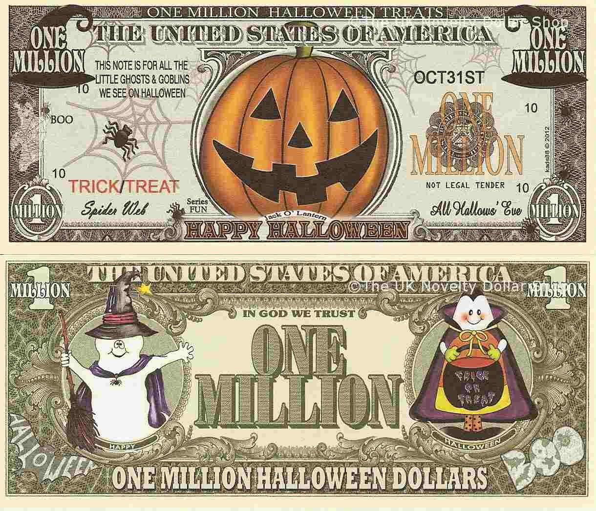 Happy Halloween Jack O Lantern Pumpkin Trick or Treat Million Dollar Bills x 2