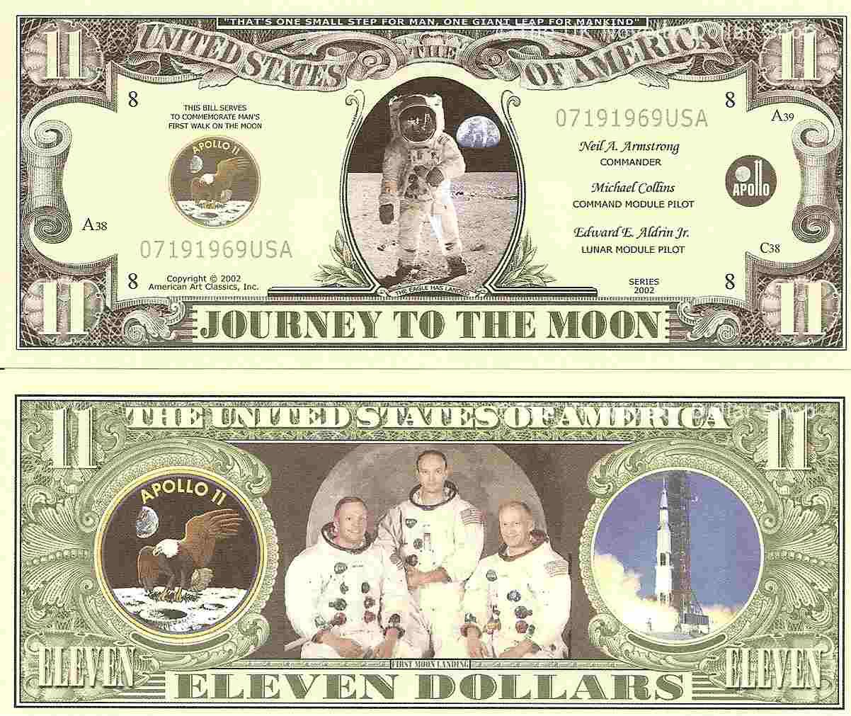 Space Shuttle Apollo 11 Columbia Challenger Dollar Bills x 6 United States Moon