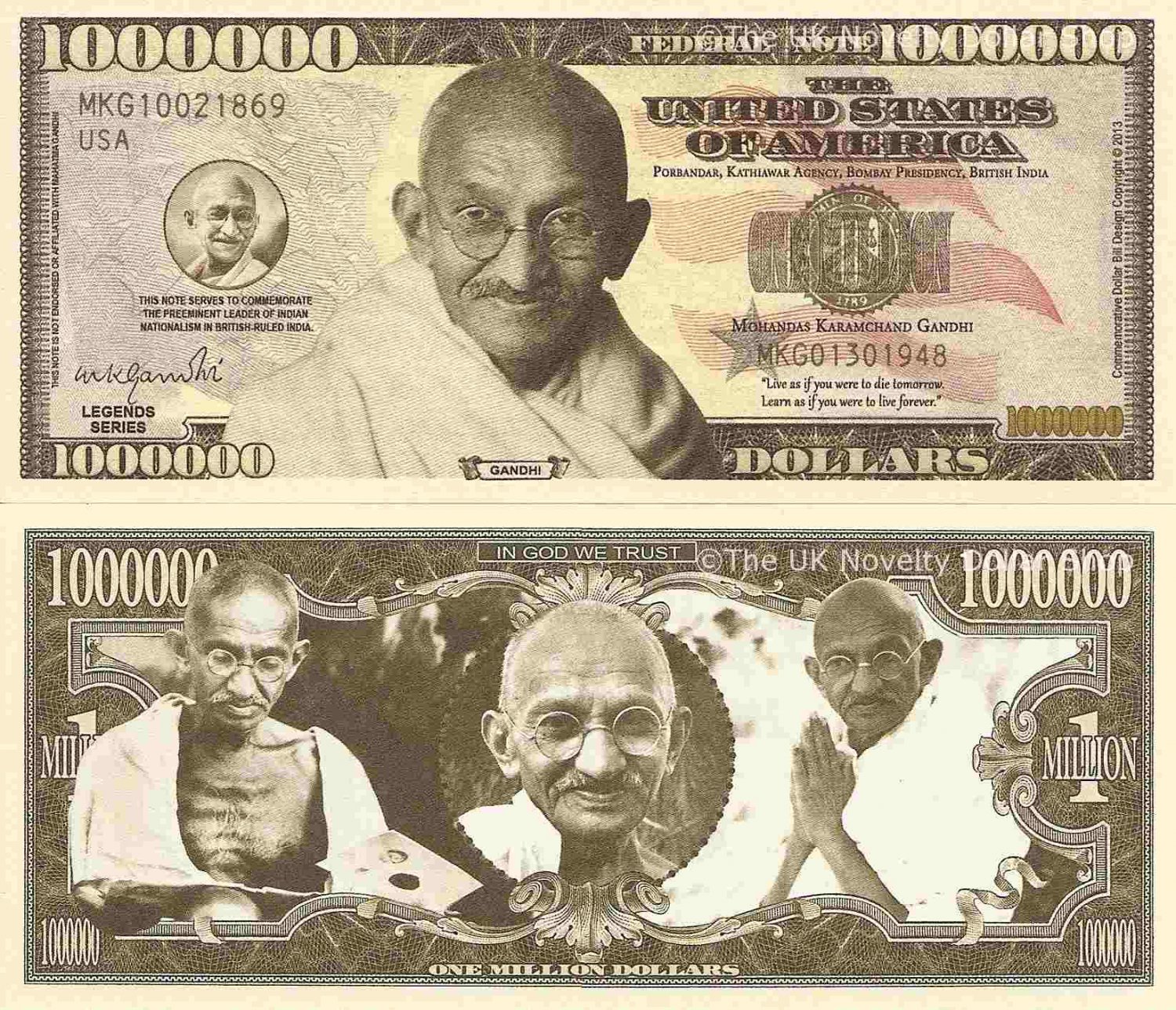 Mohandas Karamchand Gandhi Commemorative Million Dollar Bills x 2 India