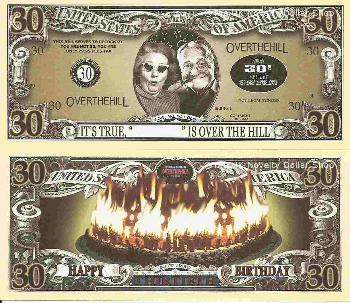 30th Birthday Over the Hill Dollar Bills x 2 Happy 30 Thirty Thirtieth Gift New