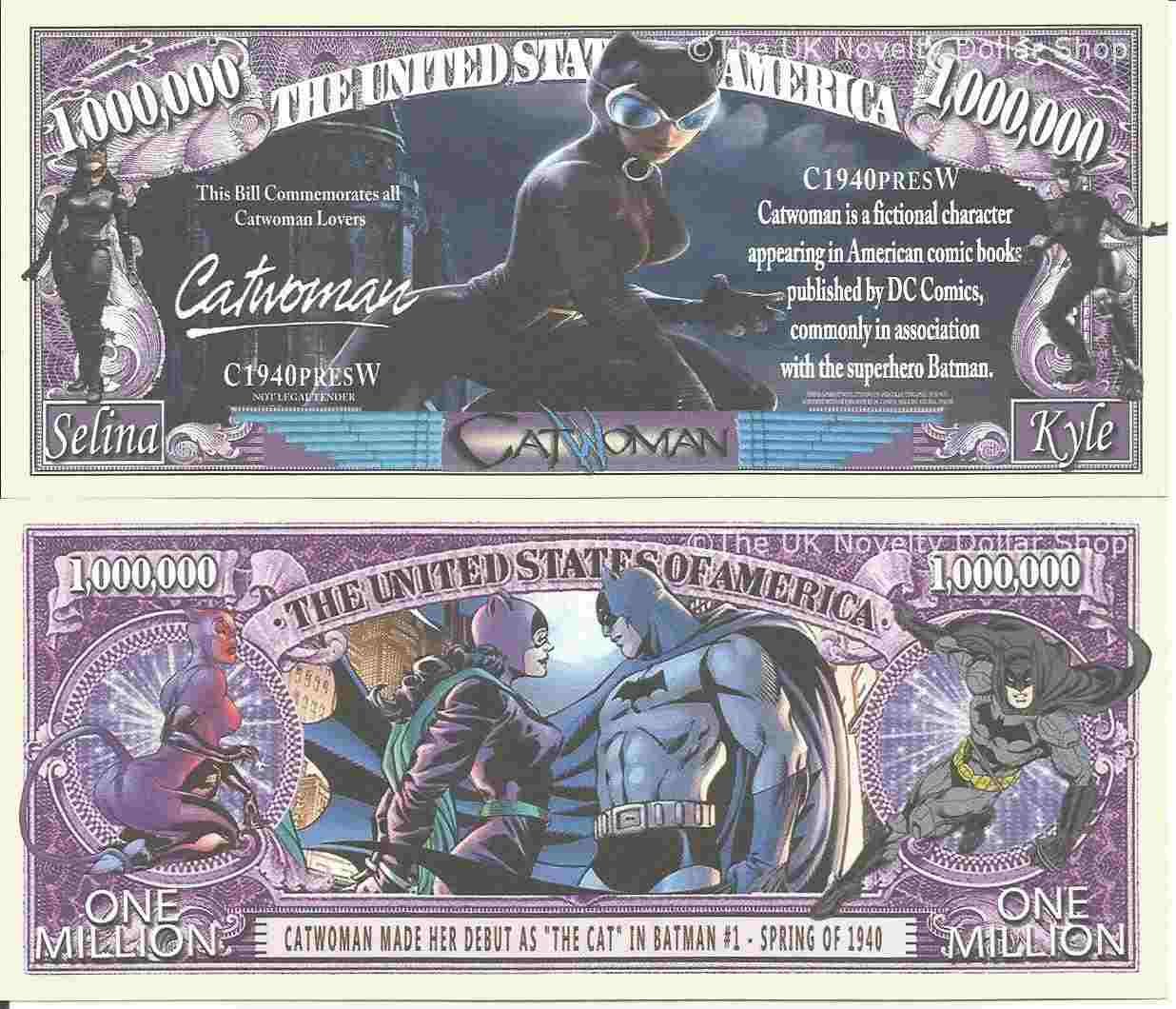 Catwoman Comic Book Super Villain Million Dollar Bills x 2 Batman The Cat Gotham