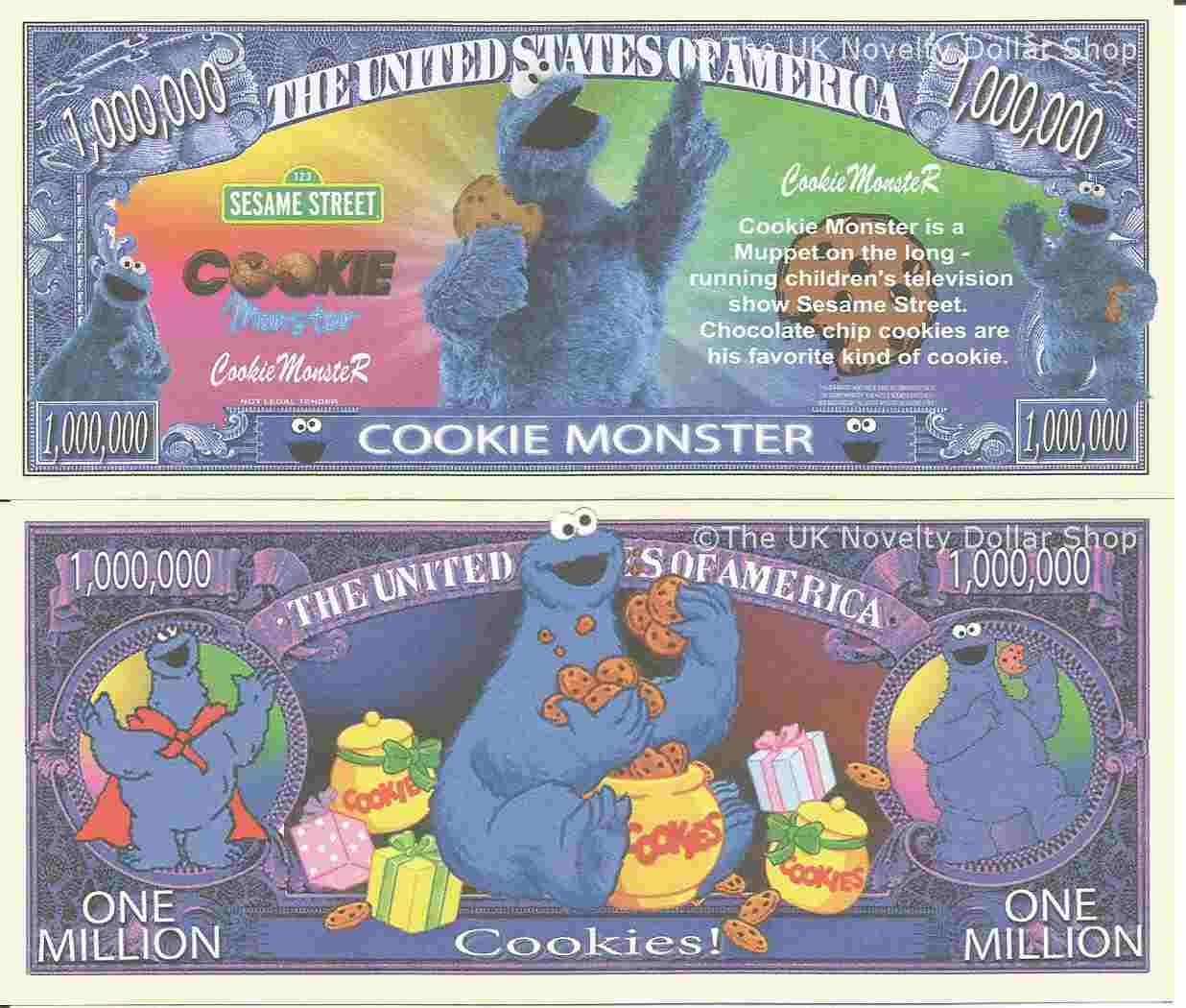 Cookie Monster Sesame Street Million Dollar Bills x 2 Childrens Television Show