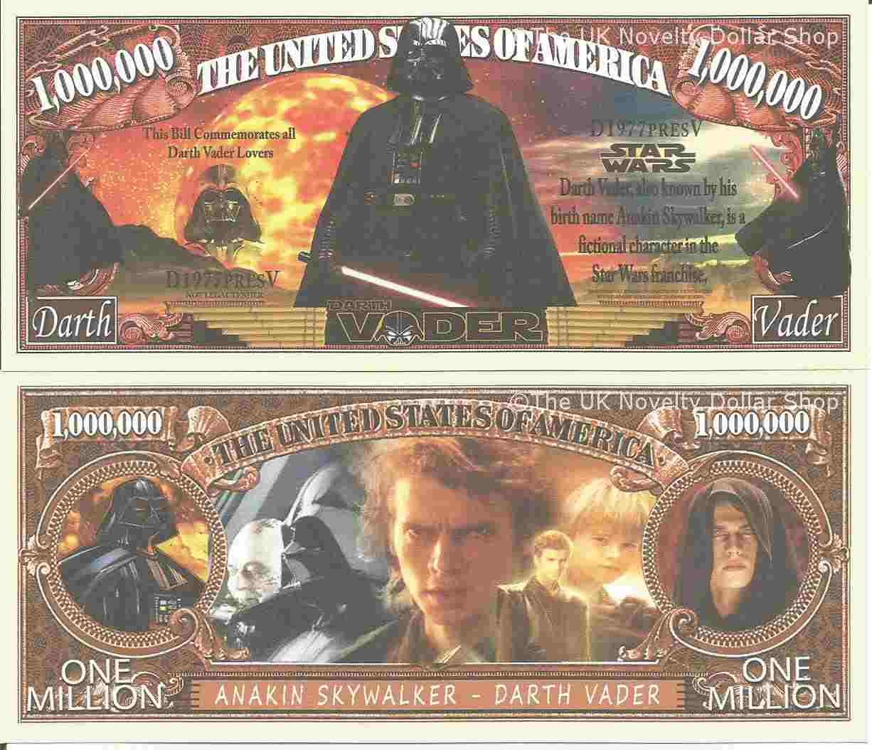 Darth Vader Anakin Skywalker Star Wars Commemorative Million Dollar Bills x 2