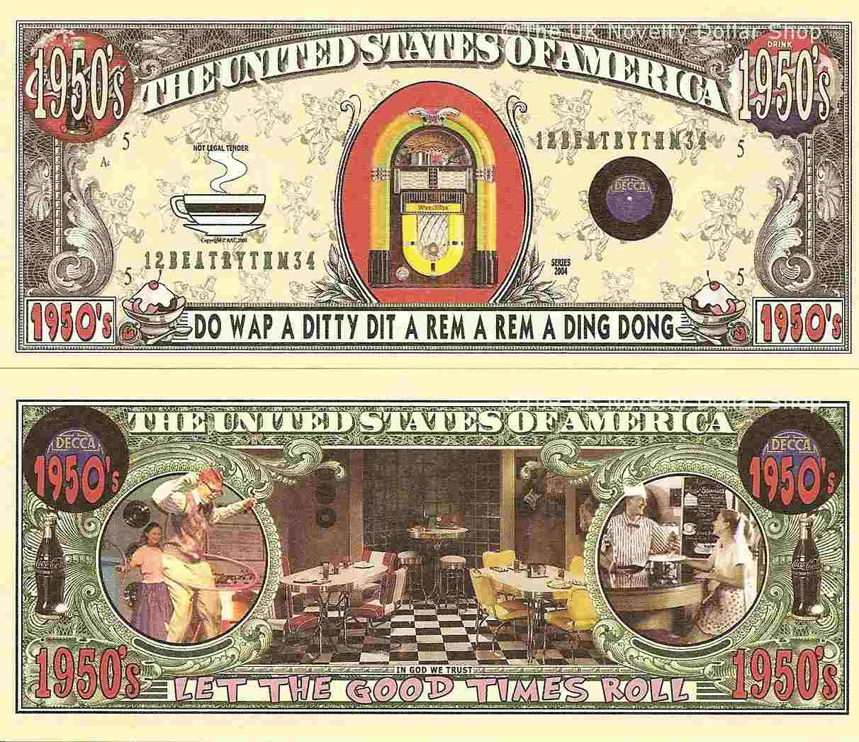 1950's Retro American Diner Jukebox Let the Good Times Roll Dollar Bills x 2