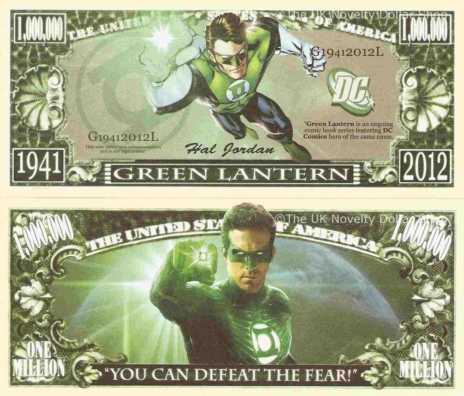 Green Lantern You Can Defeat The Fear Million Dollar Bills x 2 Comic Book Hero