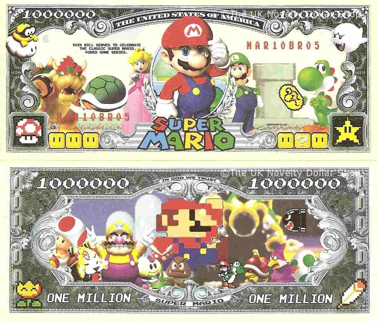 Super Mario Brothers Classic Video Game One Million Dollar Bills x 2