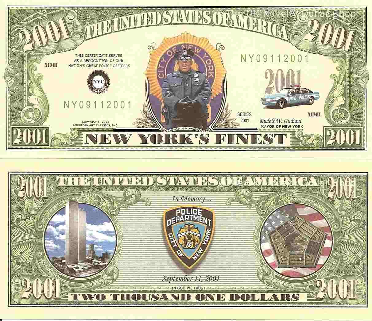 9/11 Police Officer New York City 2001 Dollar Bills x 2 World Trade Center