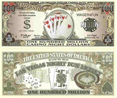 Poker 100 Million Casino Night Dollar Bills x 2 Las Vegas Fun Money Royal Flush