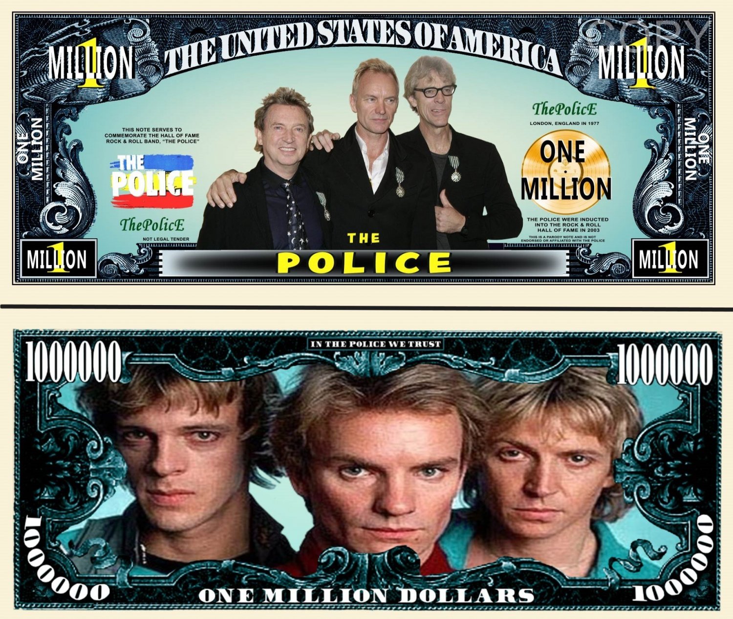 The Police Rock Band Commemorative Million Dollar Bills x 2 Sting New Wave 1977
