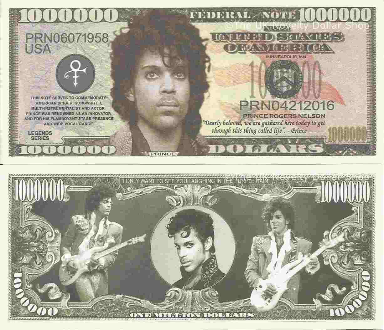 Prince Rodgers Nelson Commemorative Million Dollar Bills x 2 American Singer