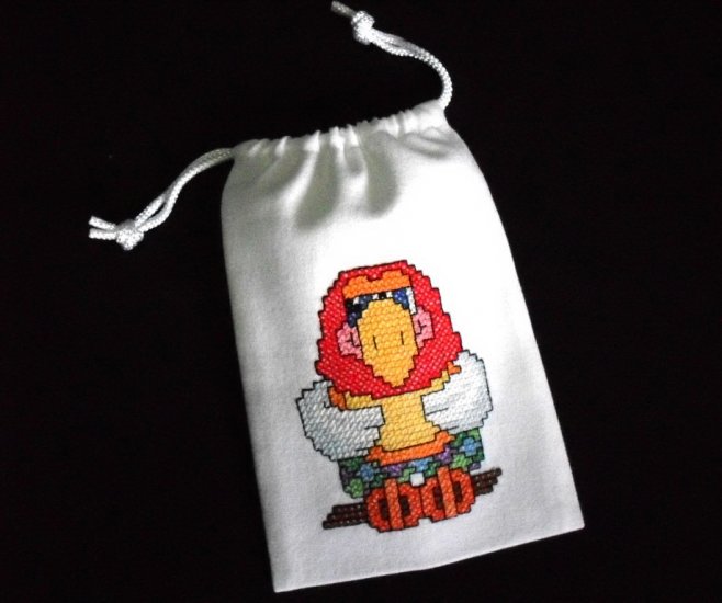 Little Parrot-cross stitch on 5"x7"white denim drawstring pouch