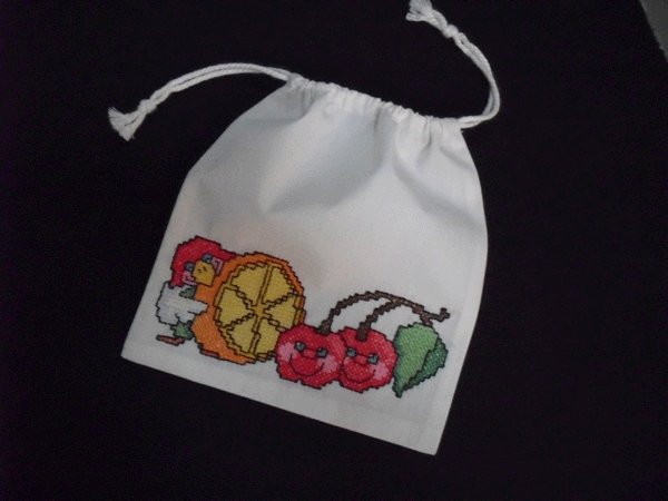 Little Parrot and fruits-cross stitch on 7"x 8"off-white cotton blends drawstring pouch