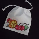 Little Parrot and fruits-cross stitch on 7"x 8"off-white cotton blends drawstring pouch