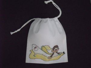 Little monkey-cross stitch on 7"x 8"off-white cotton blends drawstring pouch
