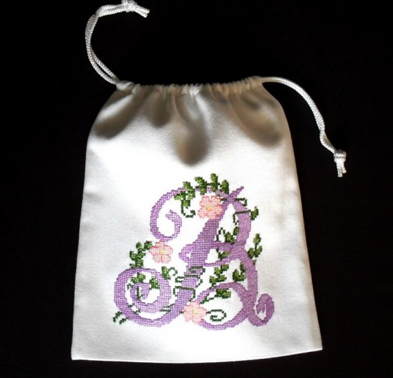 Letter B -cross stitch on 8"x 9"white denim drawstring pouch