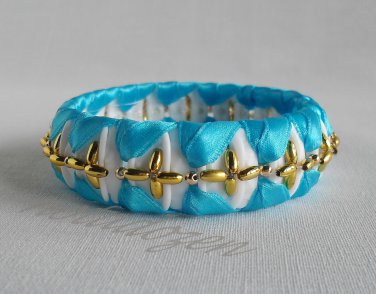 Recycled Bottle Caps Bracelet/bangle/flower(12)-light blue ribbon and gold beads/handmade jewelry