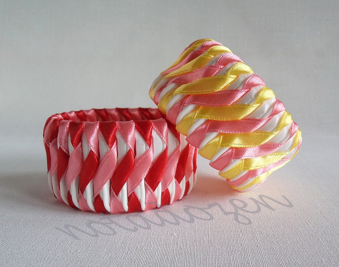 Recycled Bottle Caps Bracelet (14)-pink and yellow/red ribbon"S"shaped wrapped handmade jewelry