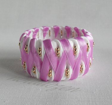 Recycled Bottle Caps Bracelet/fish bone stitch(15)-purple ribbon and gold  beads handmade jewelry
