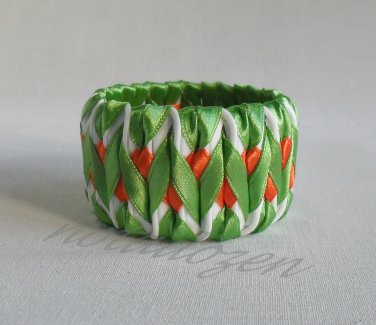 Recycled Bottle Caps Bracelet/bangle(20)-Green chevron on orange square ribbon handmade jewelry