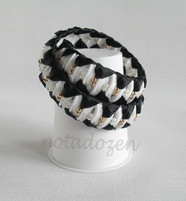 Recycled Bottle Caps Bracelet/Double/infinity handmade bangle(23)-black ribbon wrapped and beads