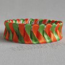 Recycled Bottle Caps Bracelet/Handmade bangle(26)-green/orange ribbon obliquely wrapped