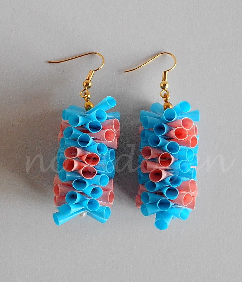 1 pair of handmade upcycled plastic drinking straws dangle&drop earrings #2-pink blossom garland