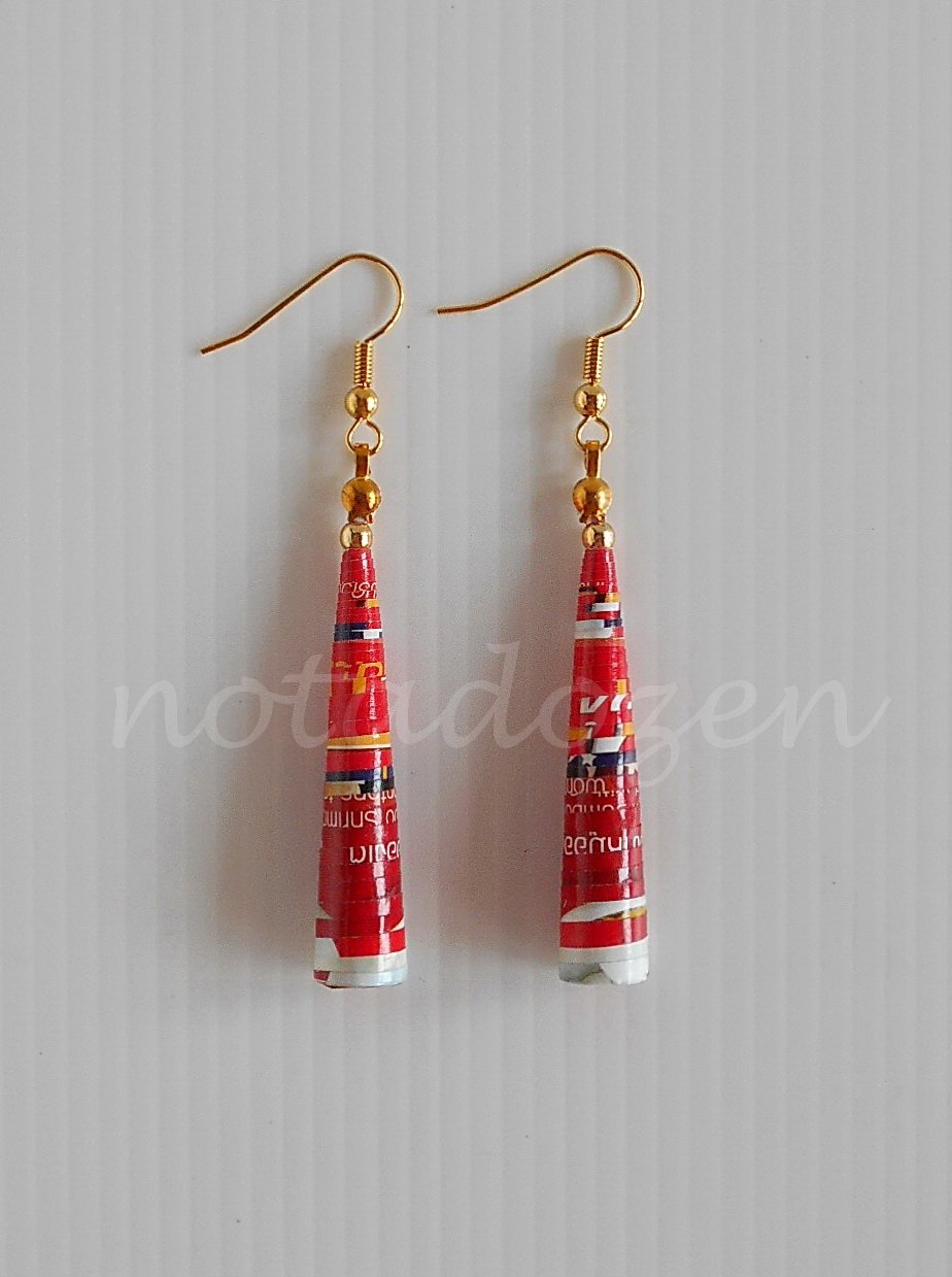 1 pair of handmade upcycled unique Red conical paper beads dangle&drop earrings #4