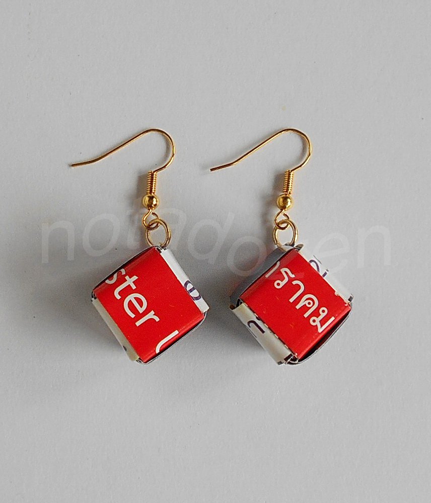 1 pair of handmade upcycled cubical paper beads, red, white and blue dangle&drop earrings #1