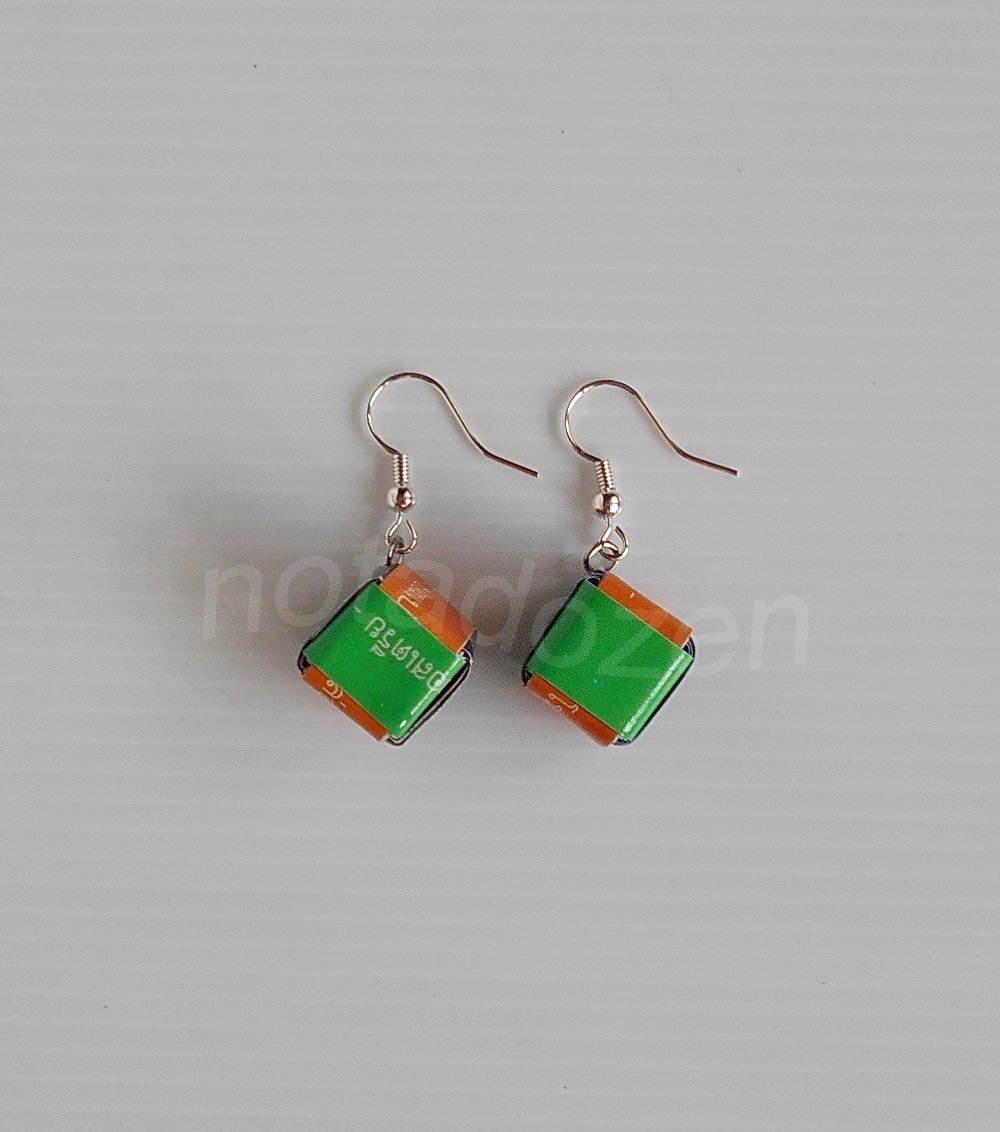 1 pair of handmade upcycled cubical paper beads, green, orange and blue dangle&drop earrings #9